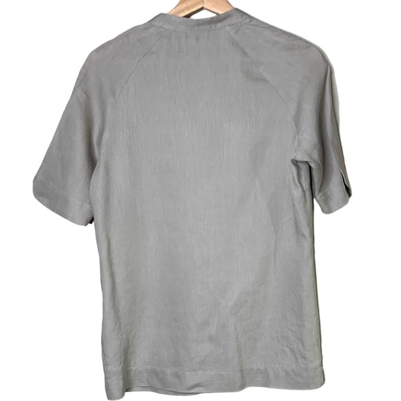 MEXX 100% Linen Beige/Grey Short Sleeve Popover Top Split Vee Neckline US Sz 6 - Picture 4 of 11